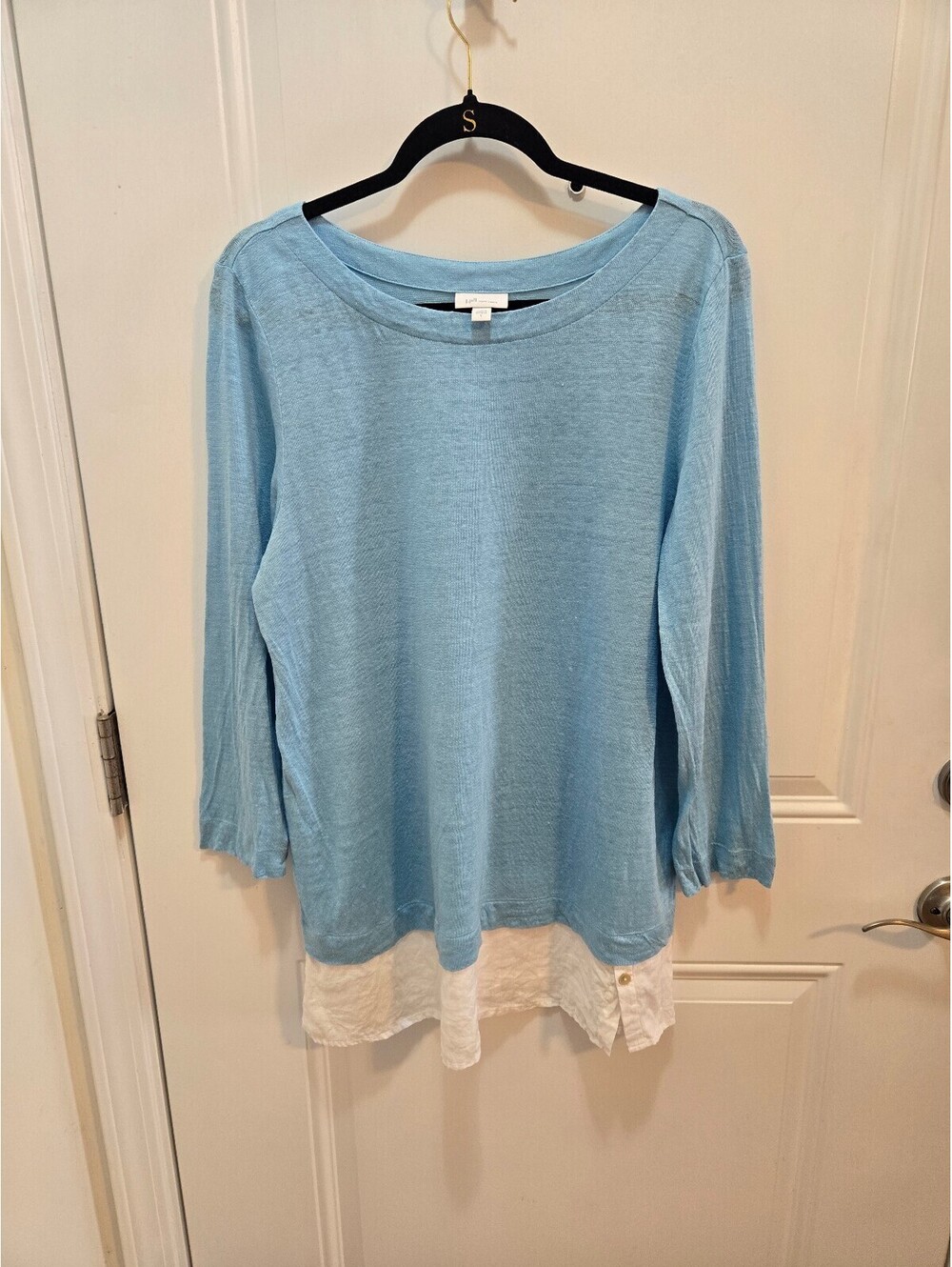 J. Jill Love Linen Light Blue Knit 2-In-1 Tiered Tunic Sweater Top Women's SizeL